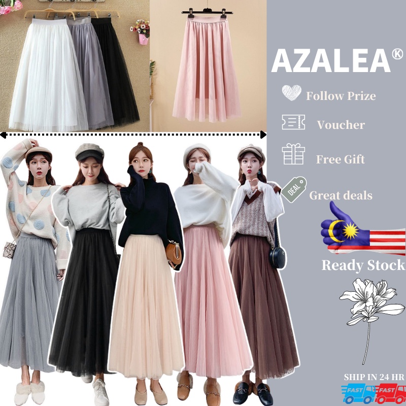 Malaysia Stock (3 Layers) Tutu Tulle Skirts High Waist Princess Skirt Labuh Pleated Maxi Skirt