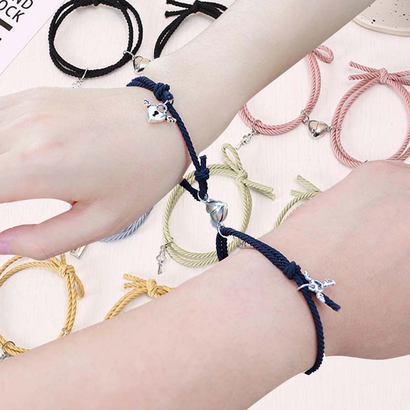 2Pcs/Set Heart Magnet Attract Friendship Charm Bracelets/ Romantic Adjustable Heart Magnet Couple Bracelets / Key Lock Love Couple Bracelet