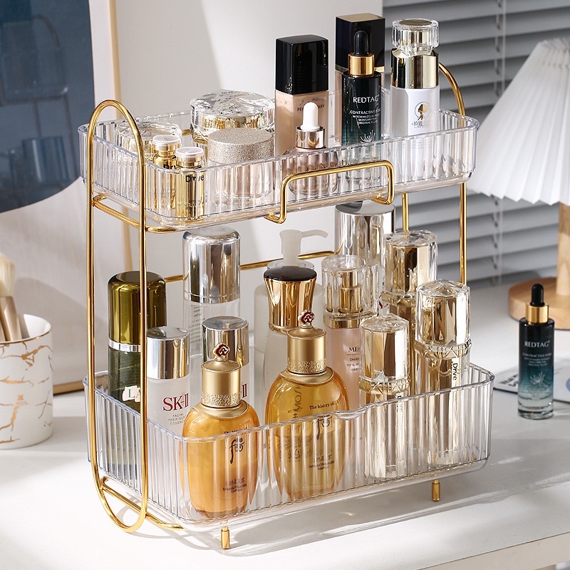 Luxury Double Layer Makeup Organizer Large Capacity Cosmetic Storage Box Transparent Glassware Rack Bathroom Rack 化妆品置物架