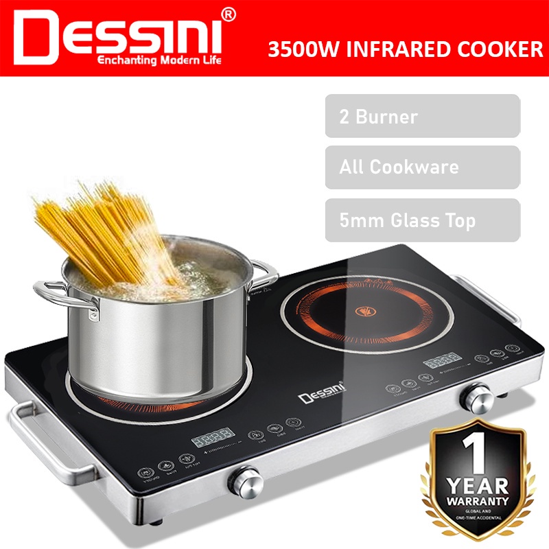 DESSINI ITALY Infrared Ceramic Cooker Hob Touch Control Panel 2 Burner Cooktop Tabletop Multi Pots Tempered Glass Stove