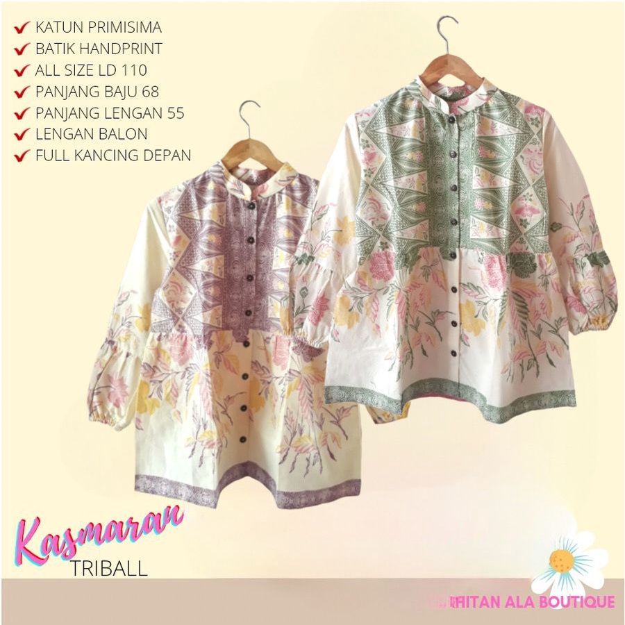 Premium Blouse Triball Kasmaran Batik Floral Motif Sarong Work Tops Ivory Color Soft Kamala Tribal Rubber Balloon Sleeve Casual Full Button Up Rempel Contemporary