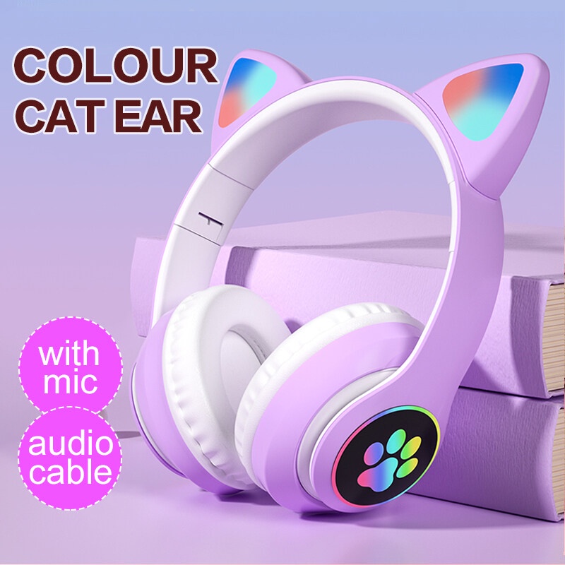 Cute Cat Ear Headphones Wireless LED Luminous Cat Claw Wireless Headphones Bluetooth Headset Heavy Bass children gift