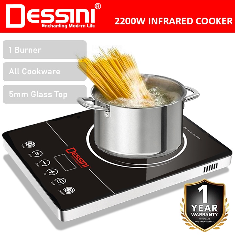 DESSINI ITALY Infrared Ceramic Cooker Hob Touch Control Panel 1 Burner Cooktop Tabletop Multi Pots Tempered Glass Stove