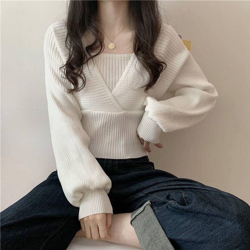 LYY Family Women Knitwear Fake Two-Piece Square Neck Fashion Short Versatile Sweater Puff Sleeves