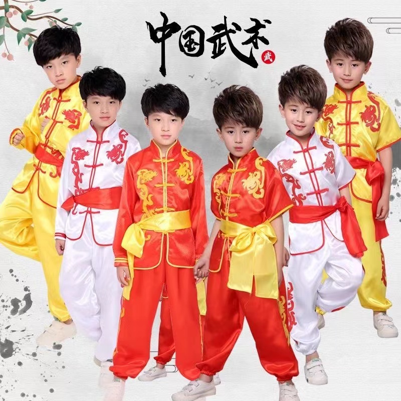 Children Adult Chinese Traditional wushu Clothing Set Dragon Embroidery Tang Long&Short Performance Tai Chi Kung Fu Uniforms武术表演服装