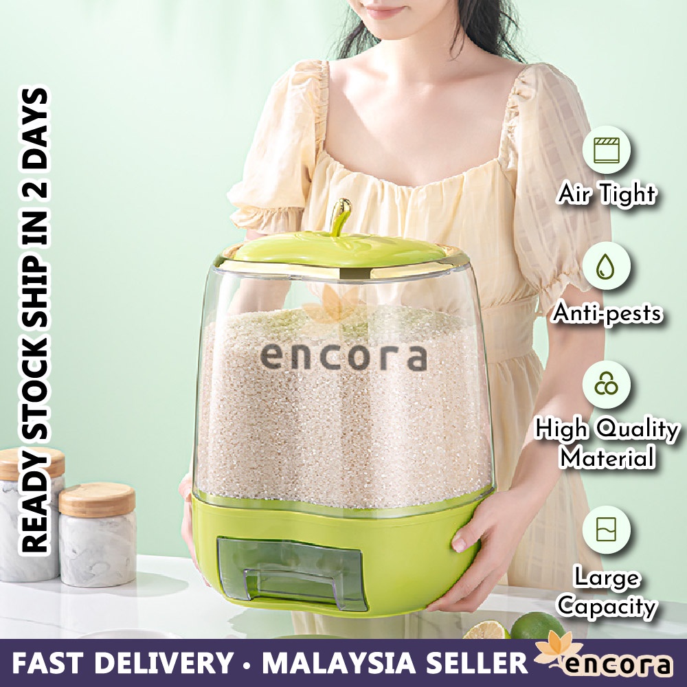 Encora 5KG/10KG Airtight Rice Container Transparent Kitchen Organizer Food Dispenser 米桶 Bekas Beras Rice Box