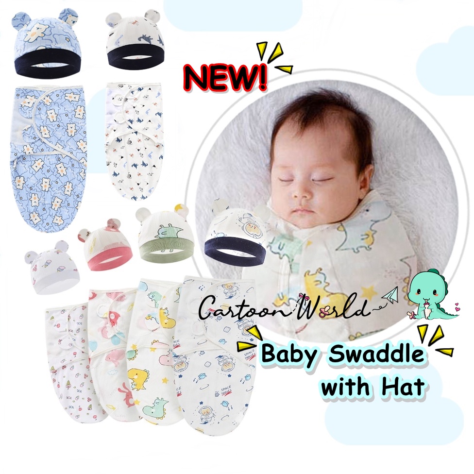 2pcs/set Newborn Baby Swaddle with Hat Newborn Wrap Bedung Bayi Bedung