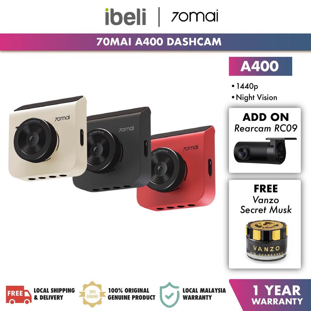 70mai A400 Car Recorder Dash Cam QHD 1440P Rear Cam Night Vision 145 FOV WDR App Control Smart