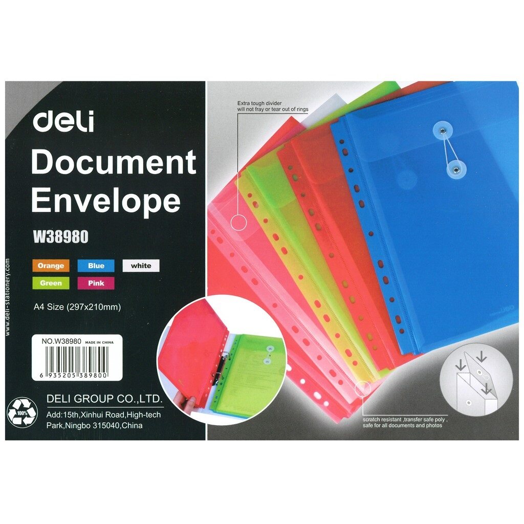 Deli W38980 String Document Envelope File With 11 Holes A4 Size 5pcs