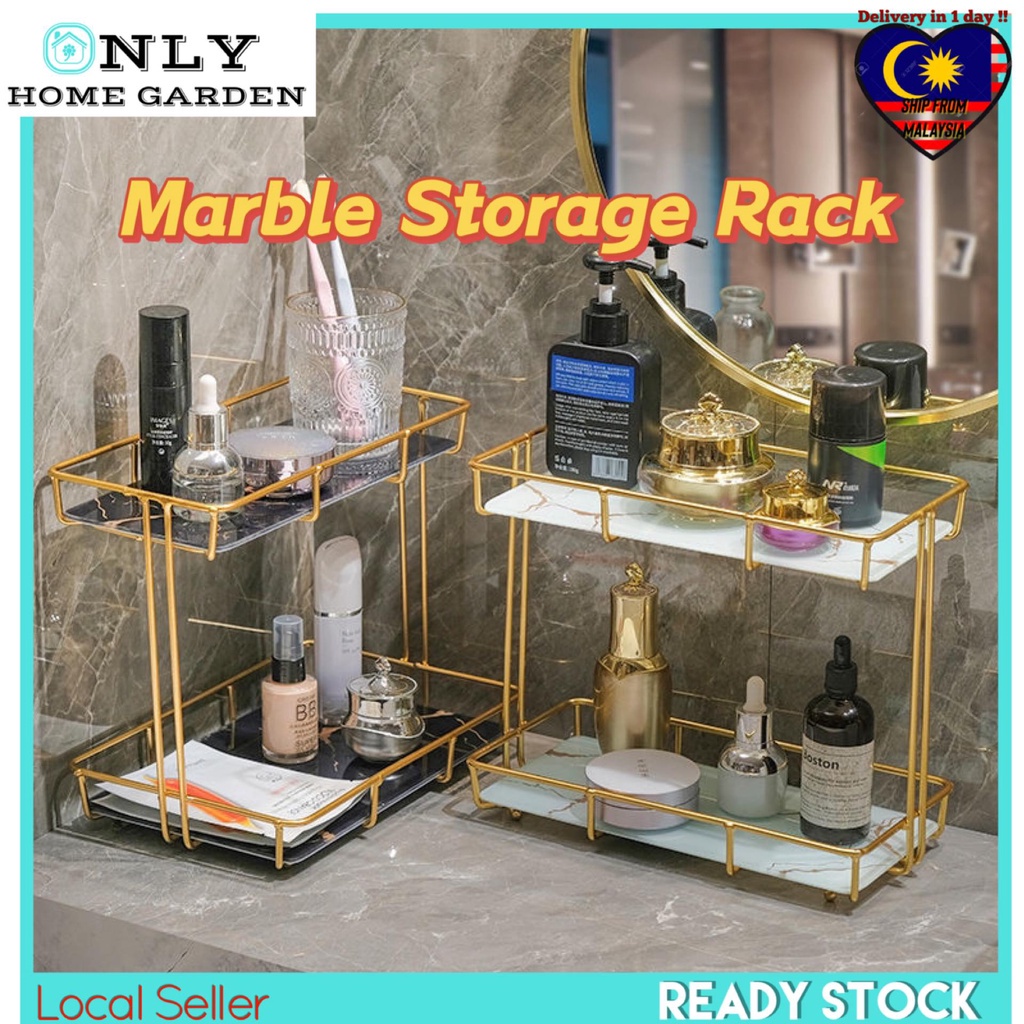 OnlyHomeGarden Marble Rack Shelf 2 Tier Marble Glass Tray Makeup