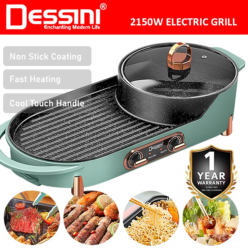 DESSINI ITALY Electric BBQ Grill Non-Stick Pan Teppanyaki Hot Pot Steamboat Barbecue Baking Pan Cooker Elektrik Stimbot