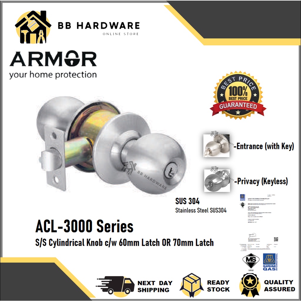 Armor Cylindrical Door Knob Lock Set ACL3000 SIRIM SUS304 Backset
