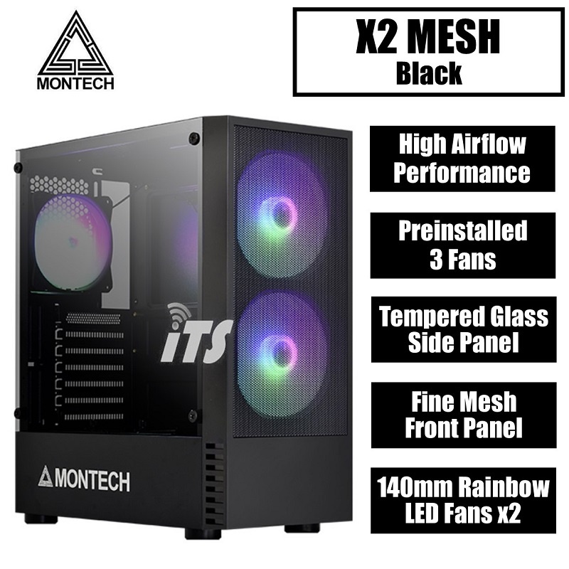 MONTECH X2 MESH ATX Tempered Glass Chassis with 3 RGB Fans (Black ...