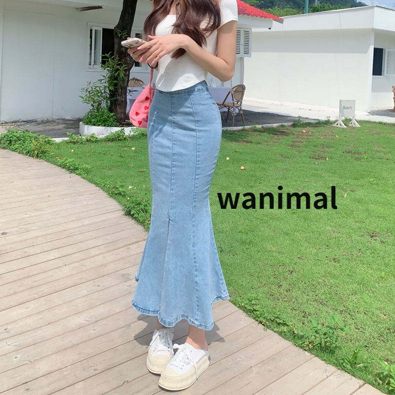 Denim Mermaid Skirt Women's High Waist Slim A-line Elastic Mid-Length Hip Skirt