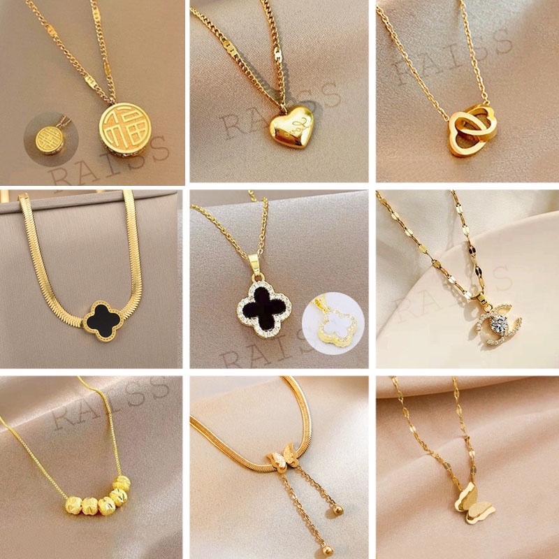 Exquisite Titanium Steel Necklace Women's Anti-Fading Gold-Plated Necklace Fashion Short Necklace Rantai Leher Perempuan Stainless Steel Necklace for Women Chain Korean Fashion Butterfly Flower Heart Pendant Silver Choker