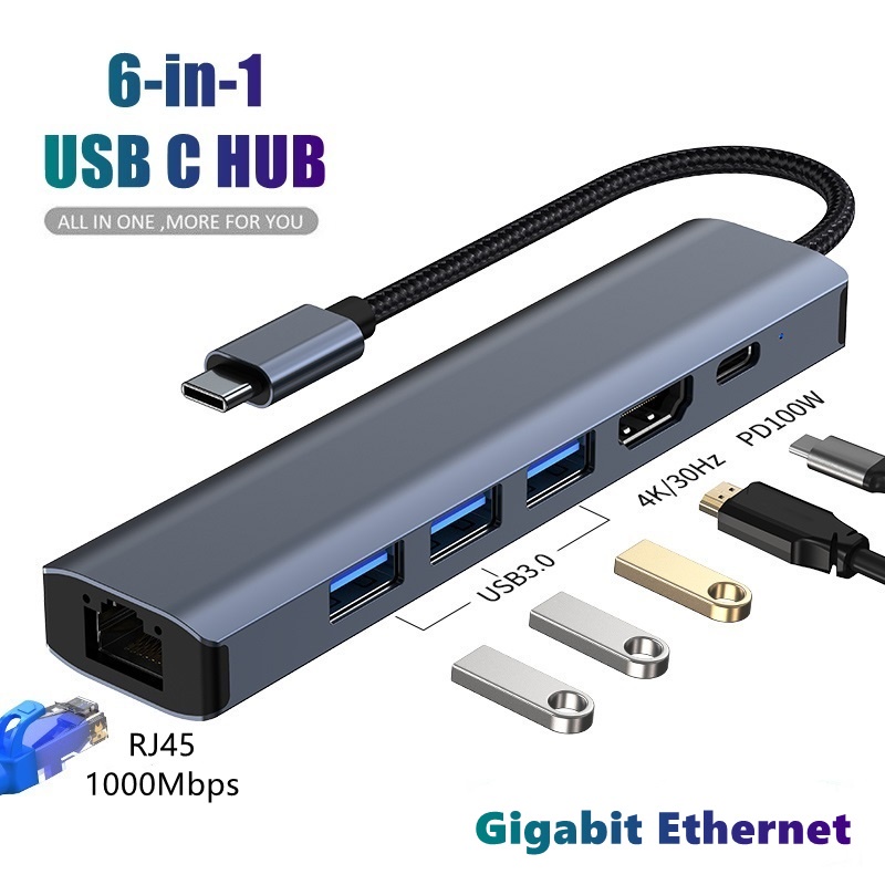 【Support M1 M2 chip】 USB C HUB Type C 3.2 Splitter To HDMI 4K Thunderbolt 3 Docking Station Laptop Adapter With 3 USB 3.0 Gigabit Ethernet 1000Mbps RJ45 LAN 100W PD Fast Charging