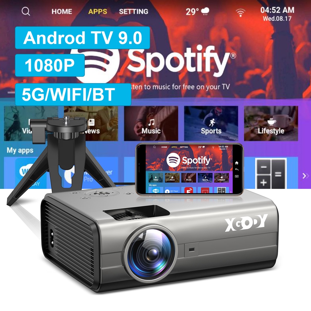 XGODY 4K Android 9.0 Portable Projector 5G WiFi 1080P 6000lumes 150" Home Theater Vedio Movie Projector ±15º Support Zoom iOS&Android