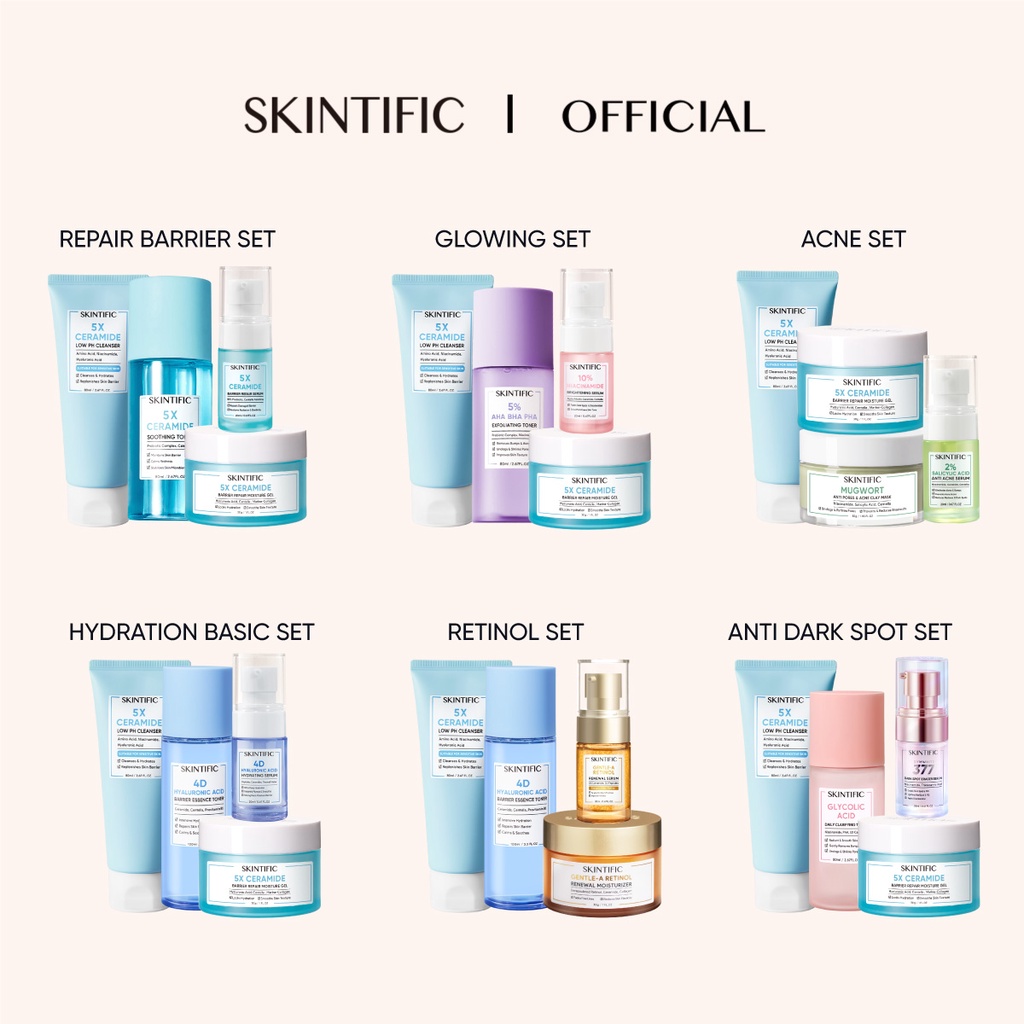 SKINTIFIC 4 pcs Paket Skincare With Serum Low pH Cleanser Barrier