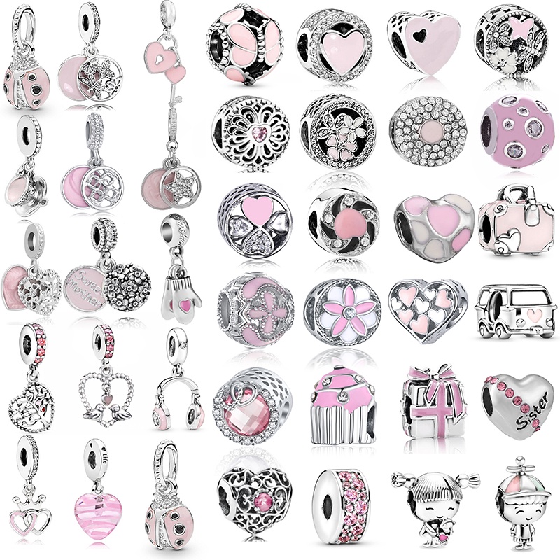 Pink Enamel Love Of Bird Heart To Heart Charm Beads Pendant Bracelets Necklaces For Women Men DIY Jewelry Making Gift