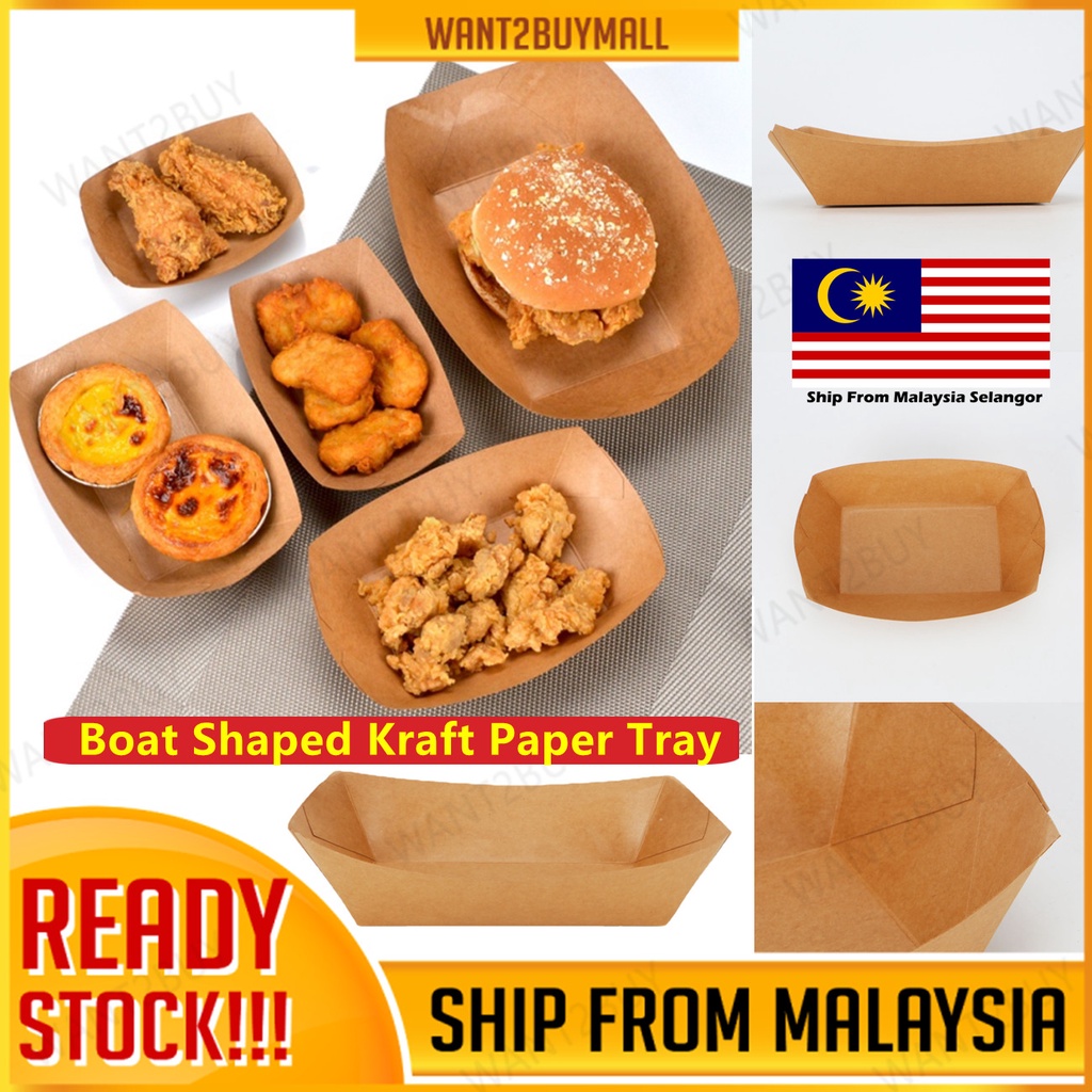 6 Size Boat Shaped Premium Brown Kraft Paper Tray Cake Fries Snack Fast Food Goodies Container Catering Dulang Kertas