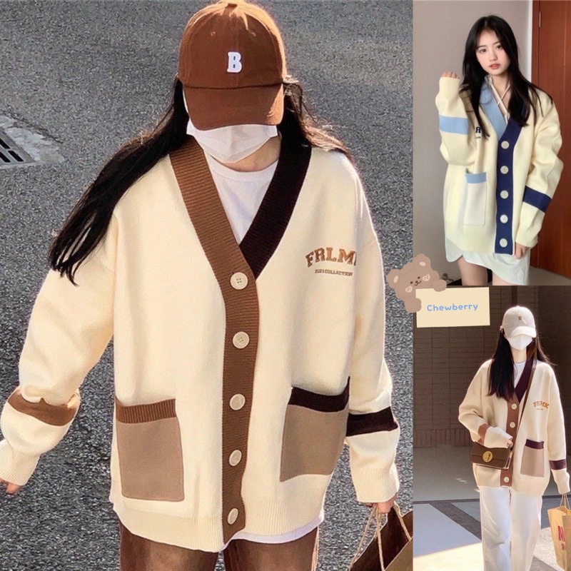 FRMLK Loose chew Green Brown Trim Cardigan