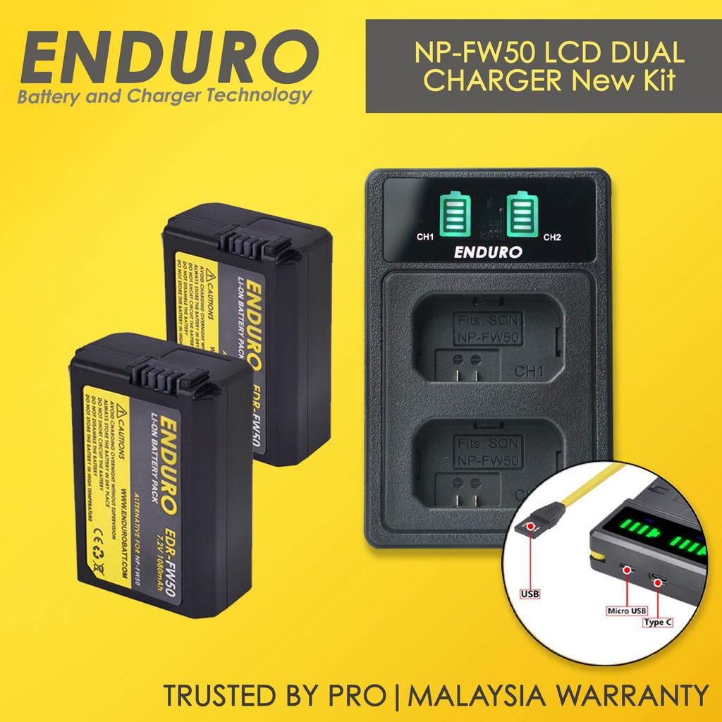 enduro-np-fw50-lcd-dual-charger-with-2-x-batteries-combo-package-usb-c