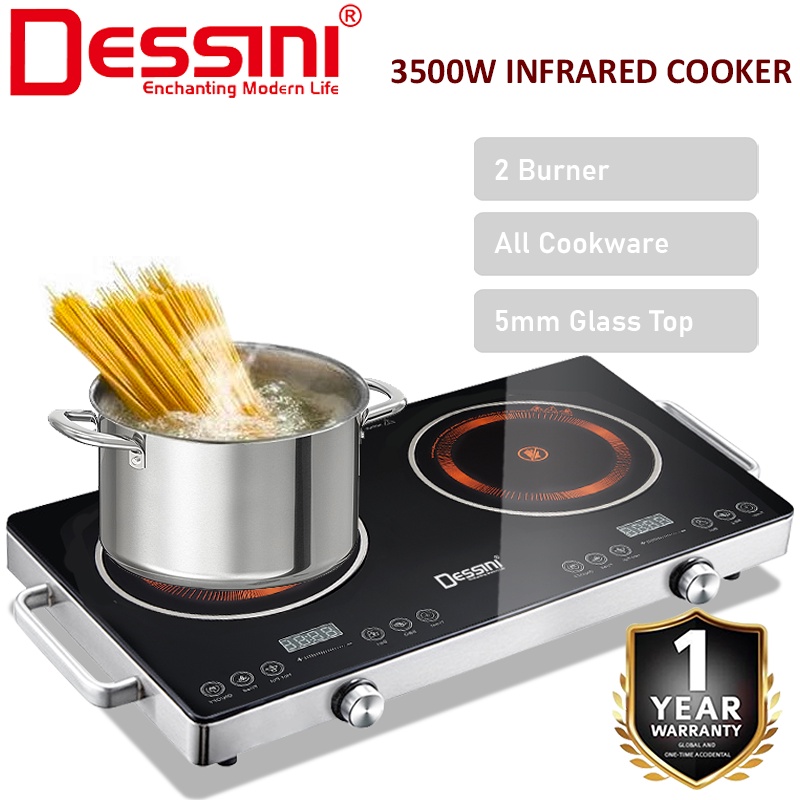 DESSINI ITALY Infrared Ceramic Cooker Hob Touch Control Panel 2 Burner Cooktop Tabletop Multi Pots Tempered Glass Stove