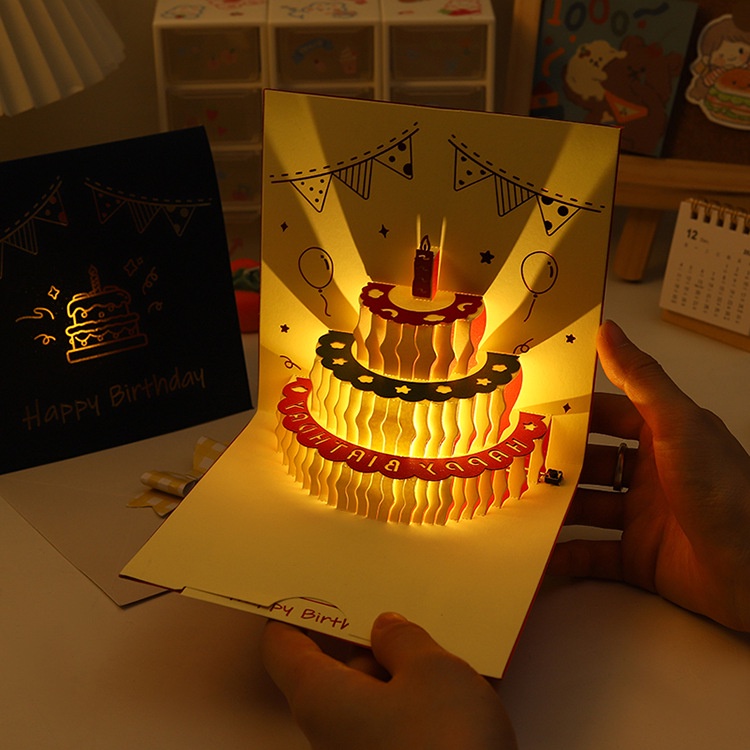 3D Birthday Card Music Lights Ins Birthday Gift Creative Cute Greeting Card Cake Blessing Card Pop Out Card Letter