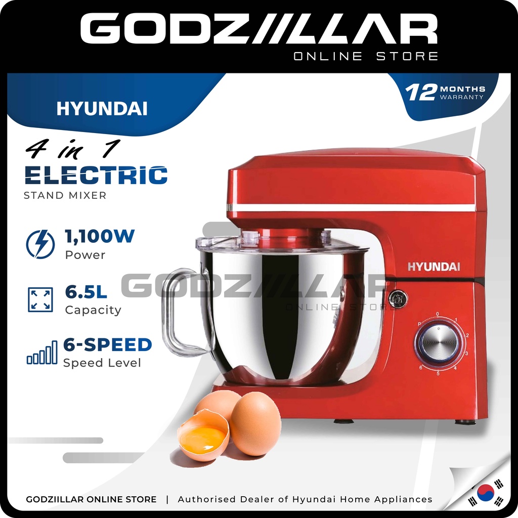 (Mega Sale) Hyundai 4IN1 Electric Stand Mixer Cake Kitchen Blender | 1100W/6.5L x 6 Accessories | Pengadun Bancuh Telur