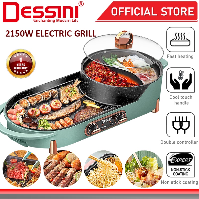 DESSINI ITALY Electric BBQ Grill Non-Stick Pan Teppanyaki Hot Pot Steamboat Barbecue Baking Pan Cooker Elektrik Stimbot