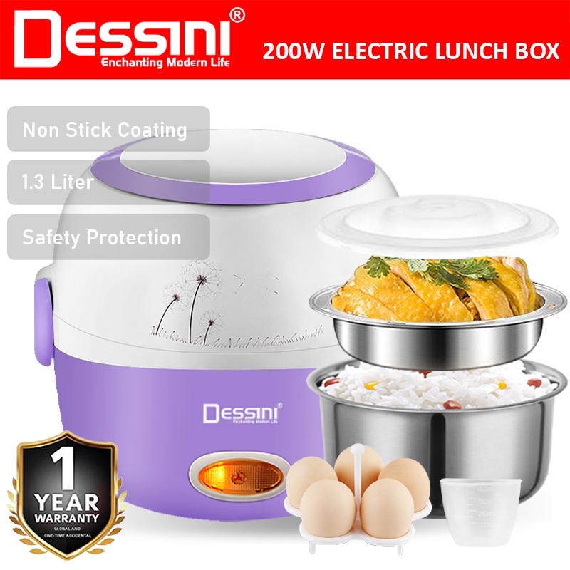 DESSINI ITALY 1.3L Electric Rice Cooker Lunch Box Non Stick Stainless Steel Inner Pot with Steamer Periuk Nasi Elektrik