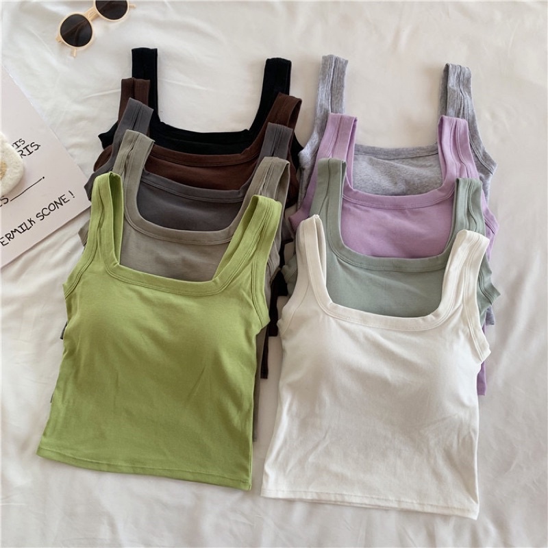 (READY STOCK IN MALAYSIA) Diana Plain Cotton Square Neck Padded Singlet Top 纯色纯棉方领带胸垫吊带背心上