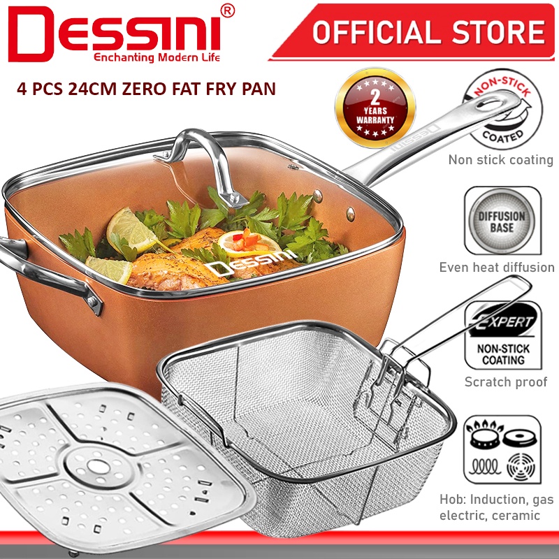 DESSINI ITALY Zero Fat 4 Pcs Aluminium Induction Non Stick Copper Casserole Pot Bowl Deep Frying Pan Basket + Steamer