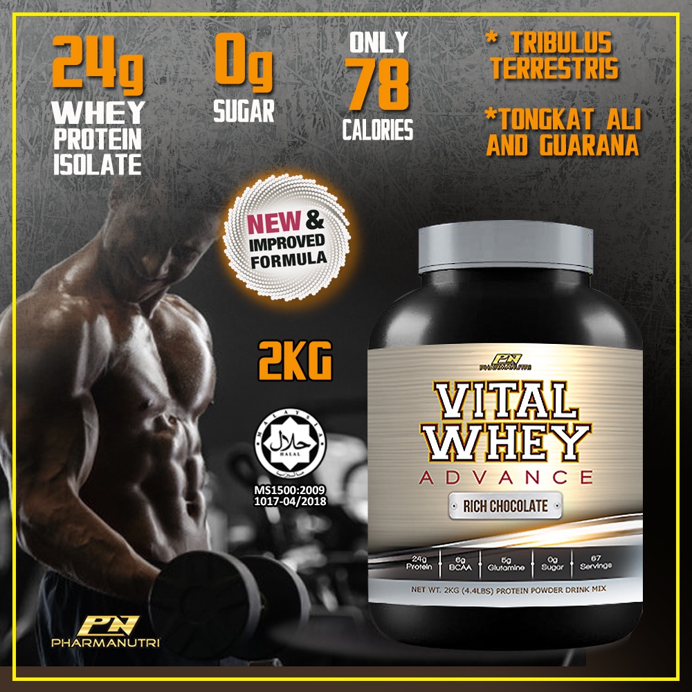 (PROMO) Vital Whey Advance Halal 2kg, 24g Protein Isolate+Tribulus,Tongkat Ali, Guarana, 0g