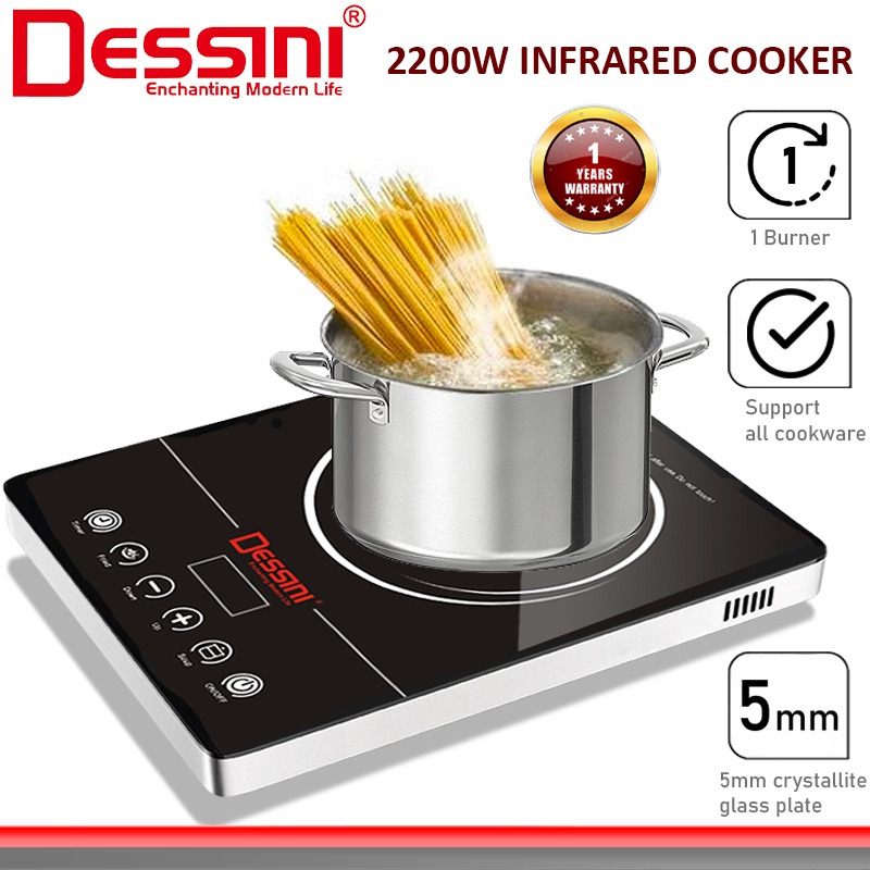 DESSINI ITALY Infrared Ceramic Cooker Hob Touch Control Panel 1 Burner Cooktop Tabletop Multi Pots Tempered Glass Stove