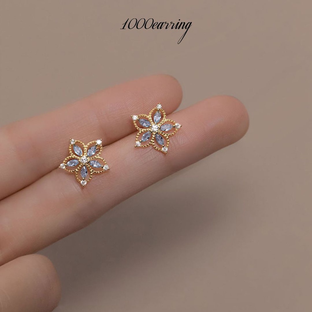 1000earring 925 Sterling Silver Blue Gemstone Flower Stud Earrings - Gold