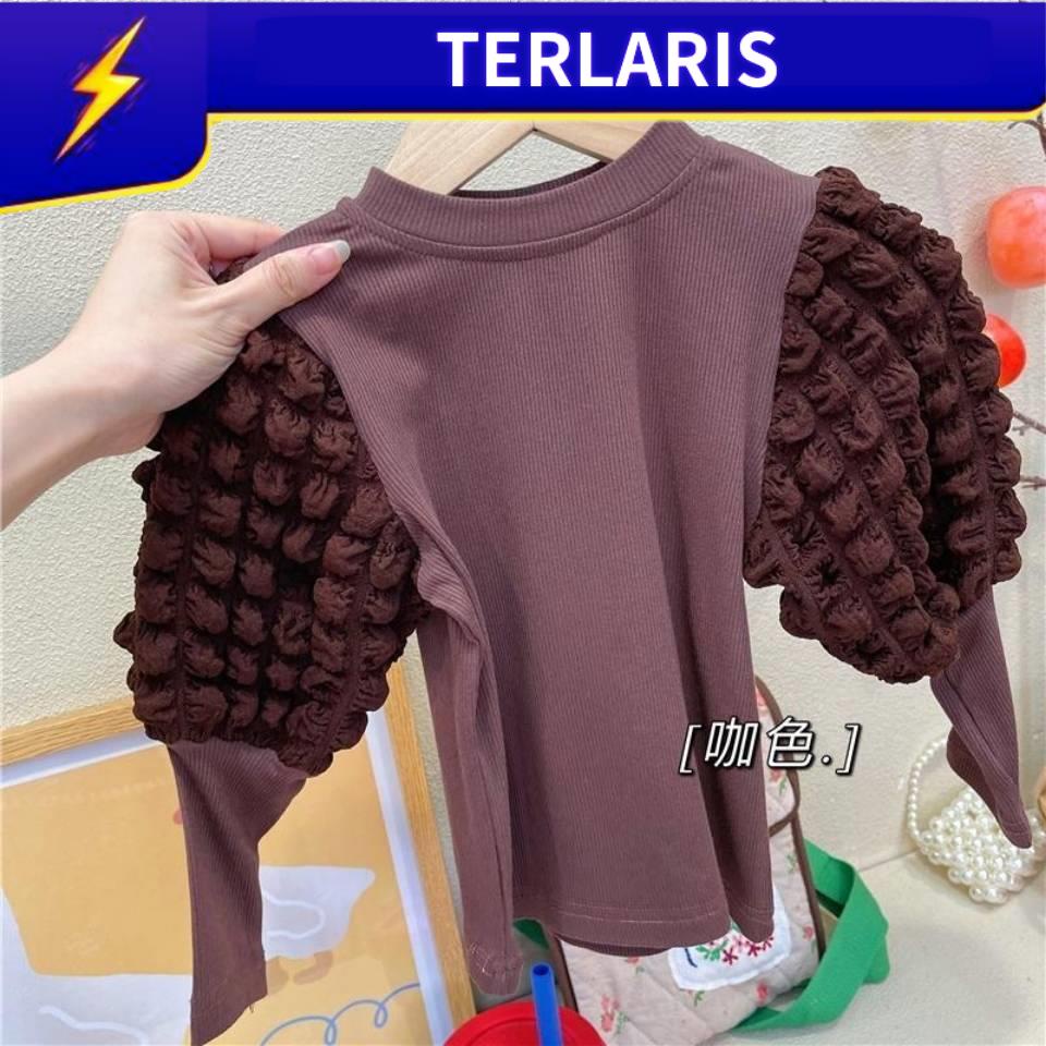 .❤Ready Stock ❗️80-150CM❗️ ✅ baju sejuk budak blouse budak perempuan 12 tahun ♨Gadis-Gadis Di Bawah Baju 2021 Musim Luruh Baru Putih T-Shirt Lengan Puff Kolar Bulat Besar Kanak-Kanak Perempuan Pakaian Gas Asing♠