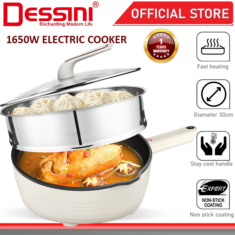 DESSINI ITALY Electric Cooker Steamboat Hot Pot Non Stick Frying Wok Pan Rice Cooker with Steamer Periuk Masak Elektrik