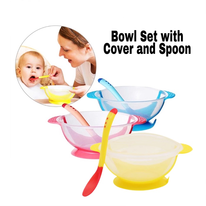 Baby Suction Cup Bowls Set, Feeding Tableware Kids Training Bowl with Sensing Spoon and Lids for Baby