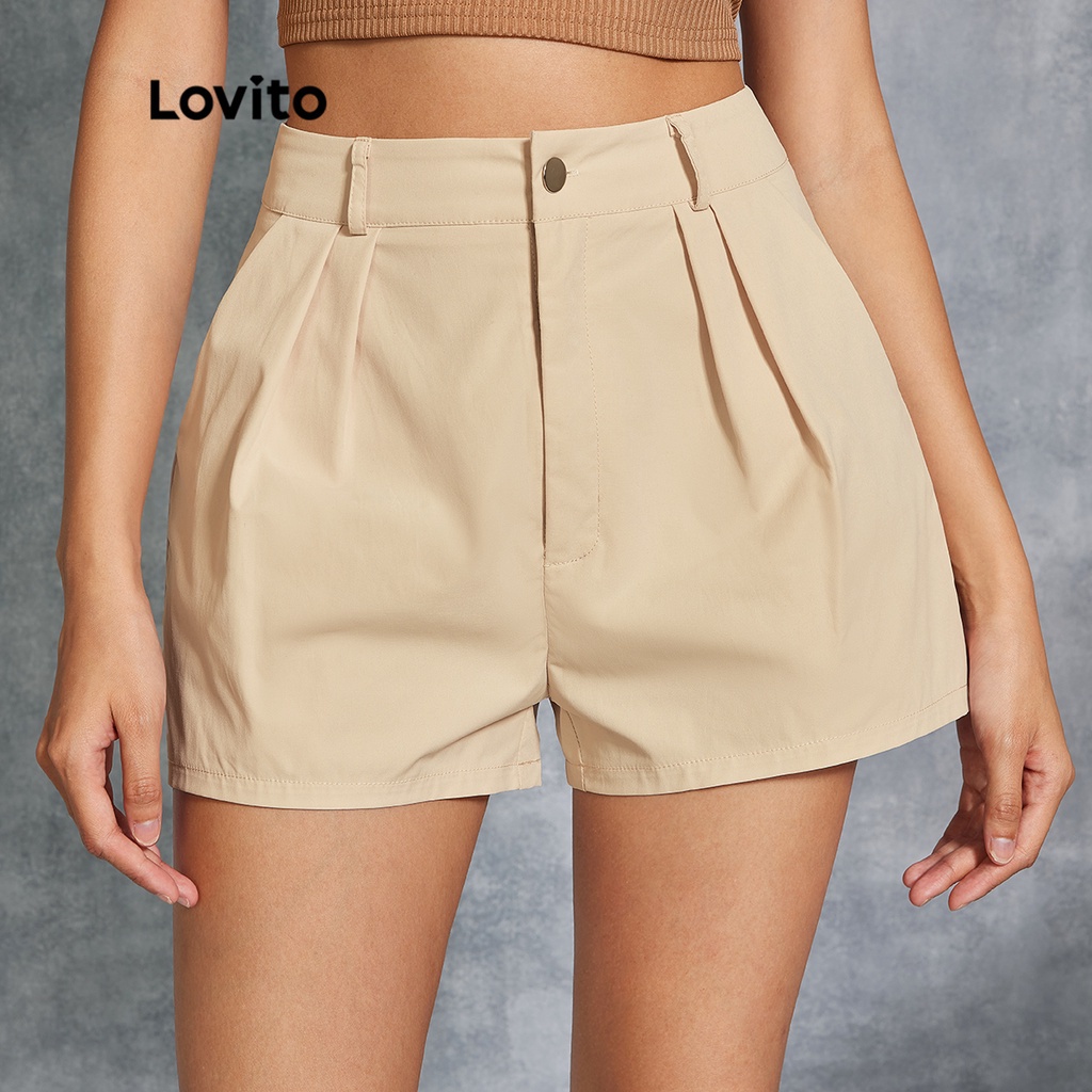 Lovito Casual Plain Pleated Basic Pocket Women Shorts L20D1129 (Off