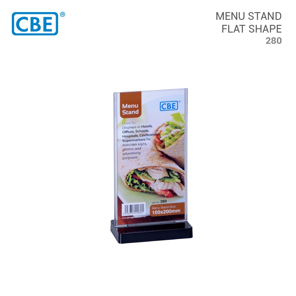 CBE Acrylic Menu Display Stand Flat/ Curved Shape 100x200mm 280281