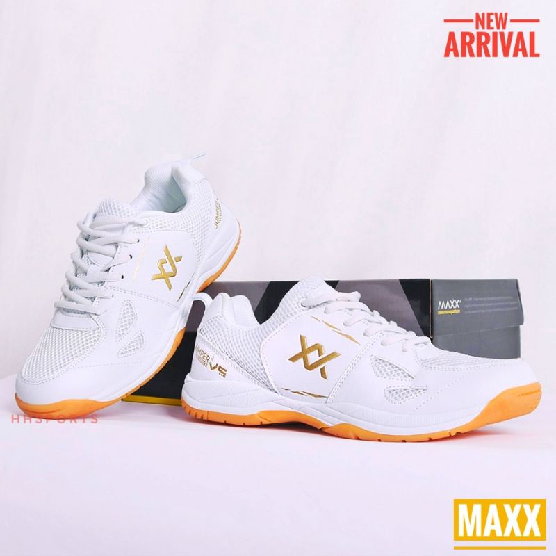MAXX Badminton Shoes JUMPER WAVE V5 ( White/Gold ) New Arrival Shopee Malaysia