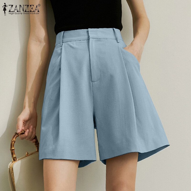 ZANZEA Women Summer Casual Loose Shorts Solid High Waist Office Commute Hot Pants