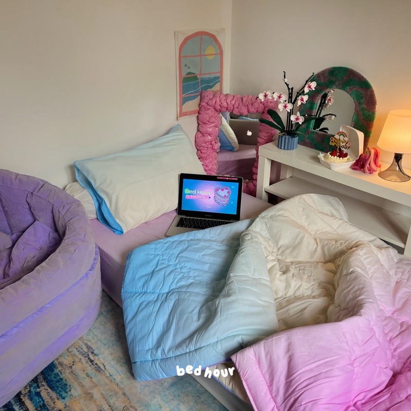 (Bed Cover Set) Cotton Candy Rainbow Bed Sheet Pillow Cover Bolster