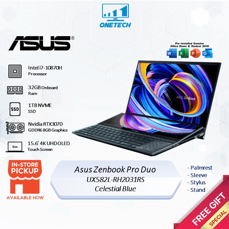 Asus Zenbook Pro Duo Ux582l Rh2031rs Celestial Blue 156 4k Uhd Oled Touchi7 10870h32gb1tb 7507