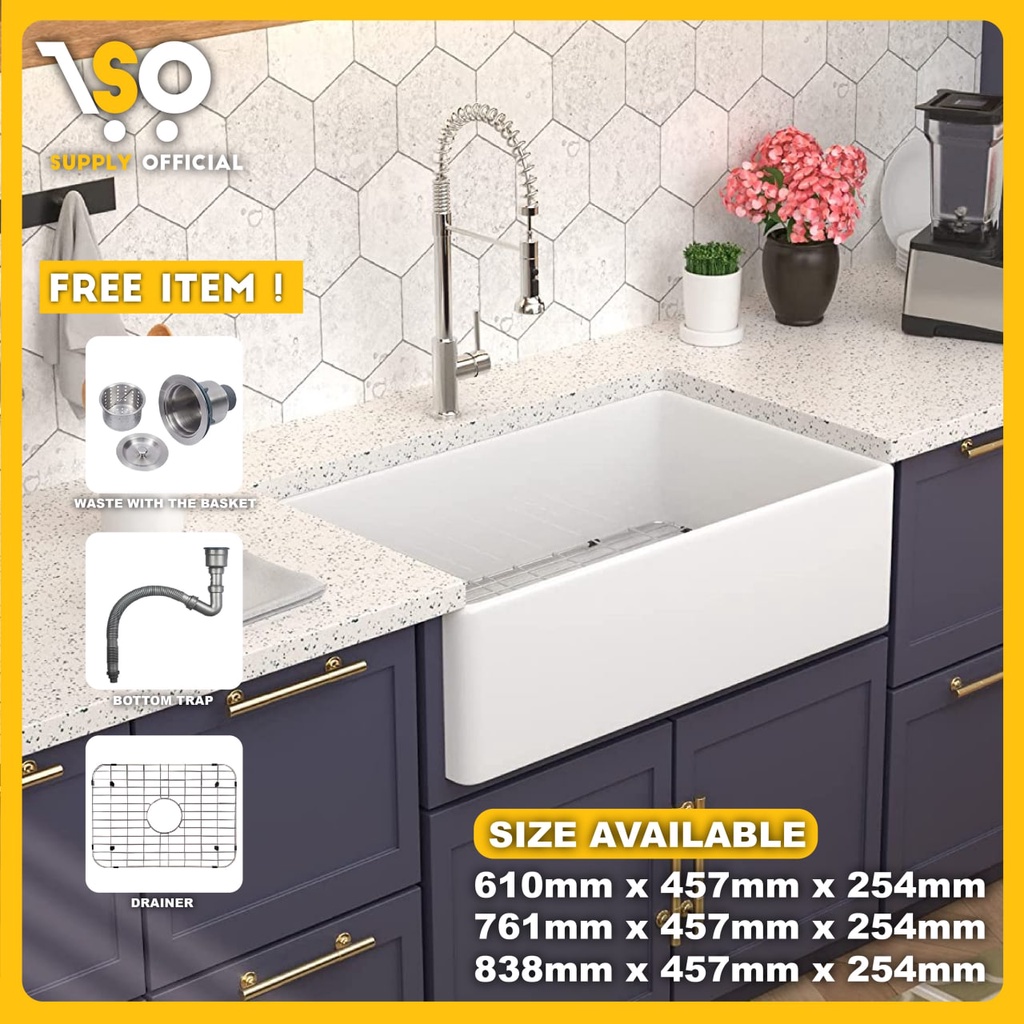 24" / 30" / 33" Fireclay Ceramic Reversible Farmhouse ApronFront Flat