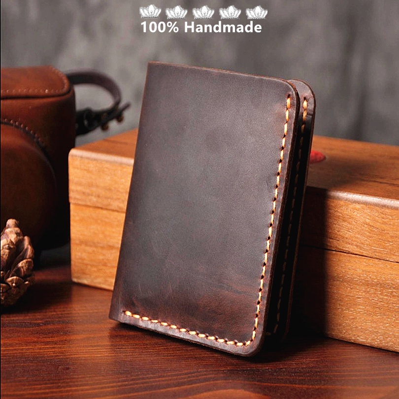 [Ready Stock] 100% Handmade Vintage Crazy Horse Genuine Leather Men Wallet Women Purse Leather Male Money Clips short Bifold Card Wallets Engraving Minimalist Coffee Black Brown WF200-1 WF200-2