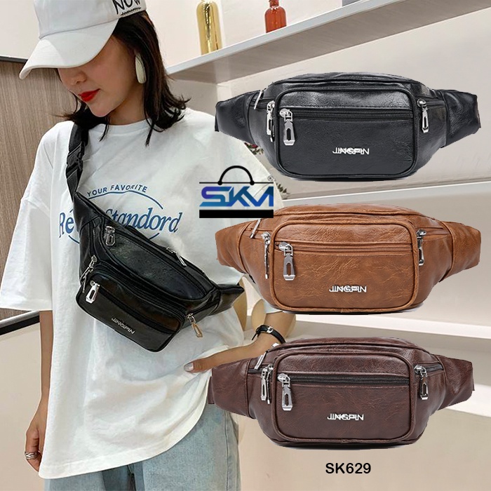 SKM Unisex Sling Bag Leisure PU Leather Mobile Phone Purses Crossbody Waist Pouch Bag Beg Pinggang Lelaki SK629