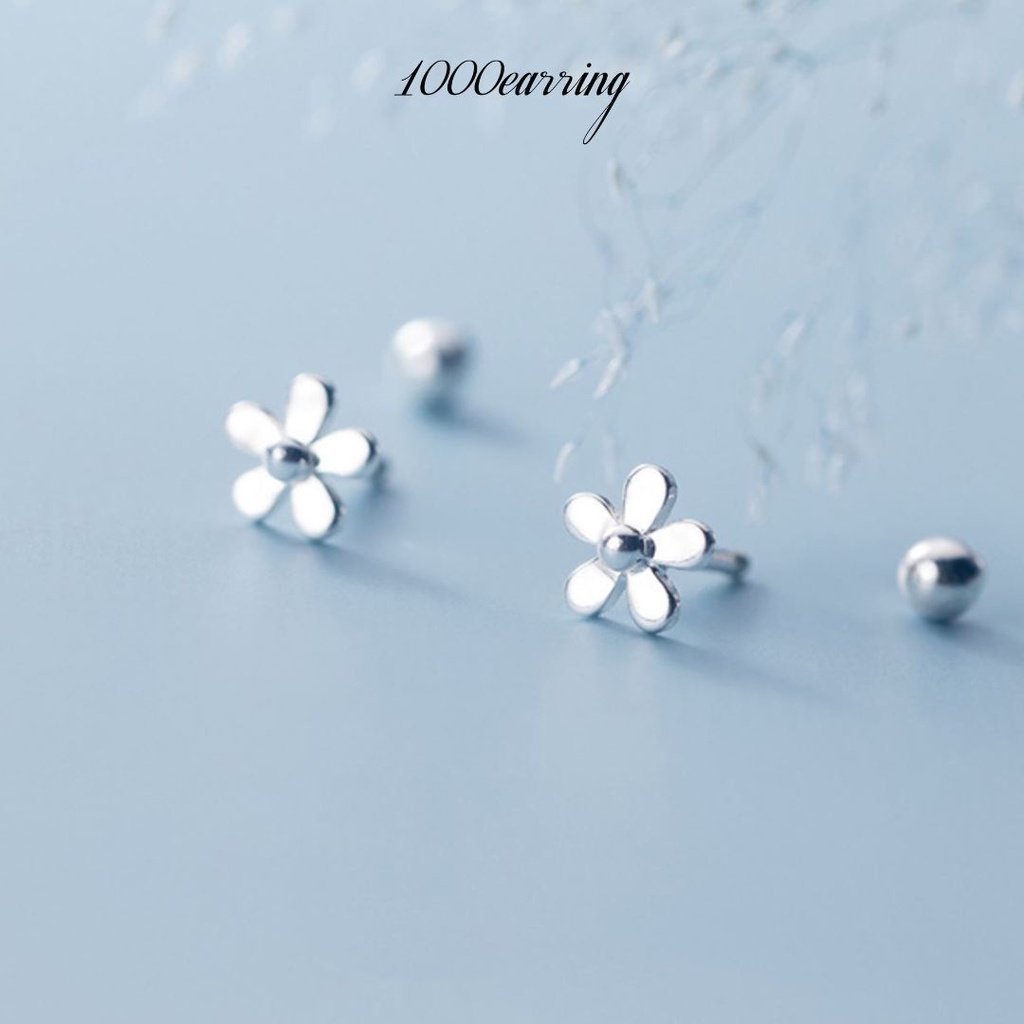 1000earring 925 Sterling Silver Cute Flower Barbell Earrings - Silver