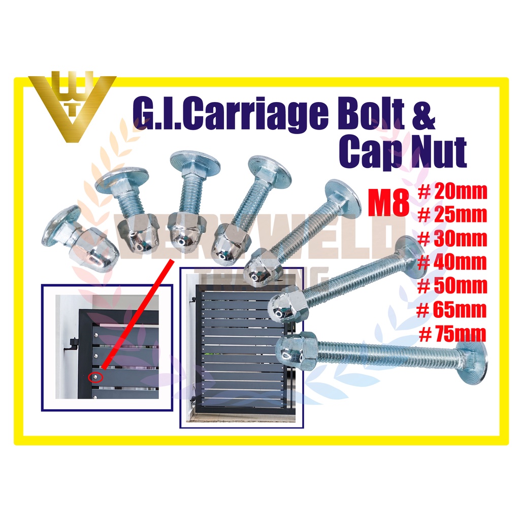VERYWELD GI Aluminium Gate Screw and Cap Nut / Carriage Screw Bolt Nut